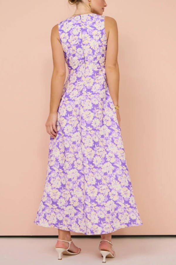 Robe longue imprimée violette sans manches à col en V