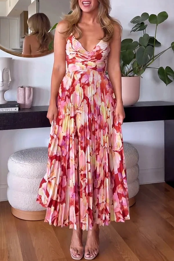 Robe mi-longue plissée à imprimé floral et à nouer dans le dos pour la saison des fêtes de mariage