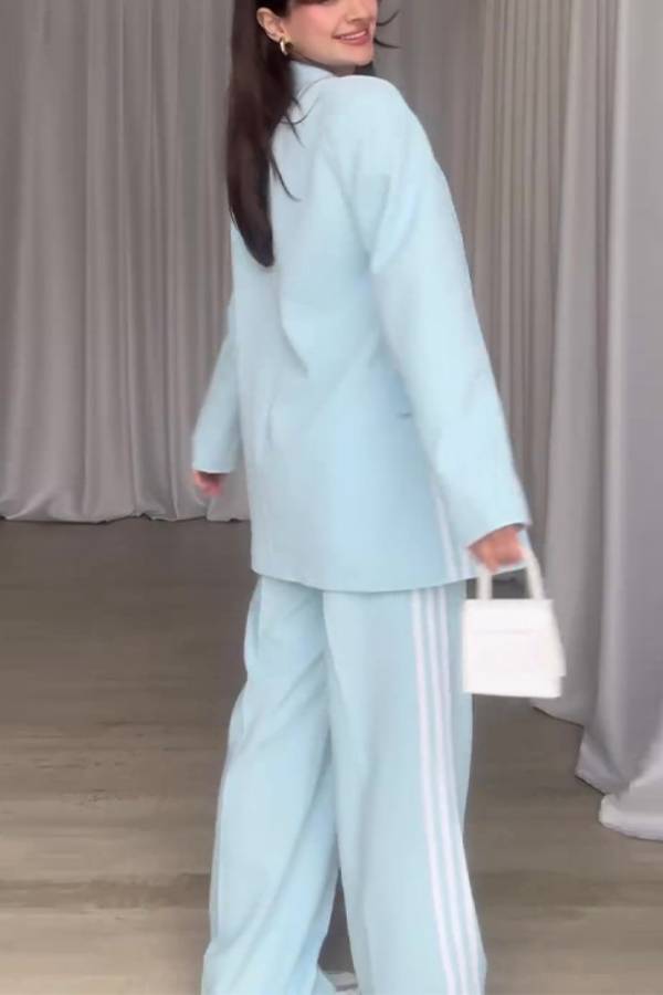 Frischer und lässiger Blazer mit gestreiftem Revers und weitem Hosenset mit hoher Taille und Taschen