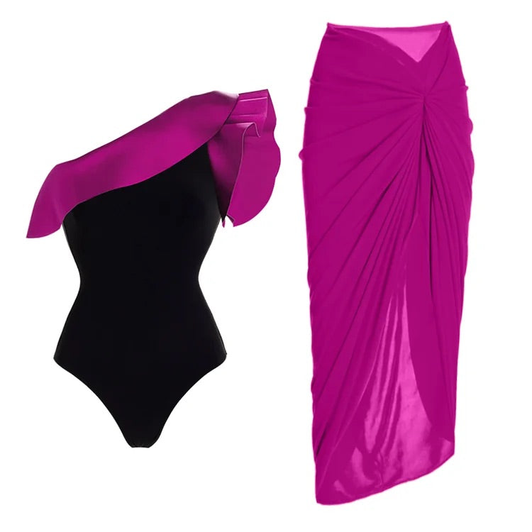 Maillot de bain une pièce à volants asymétriques et sarong 