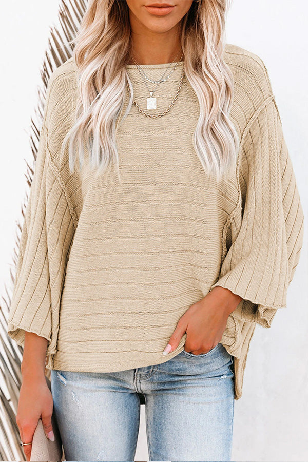 Pull côtelé à manches 3/4, couleur unie, abricot