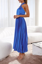 Beaming Smile Satin Halter Neck Pleated Midi Dress