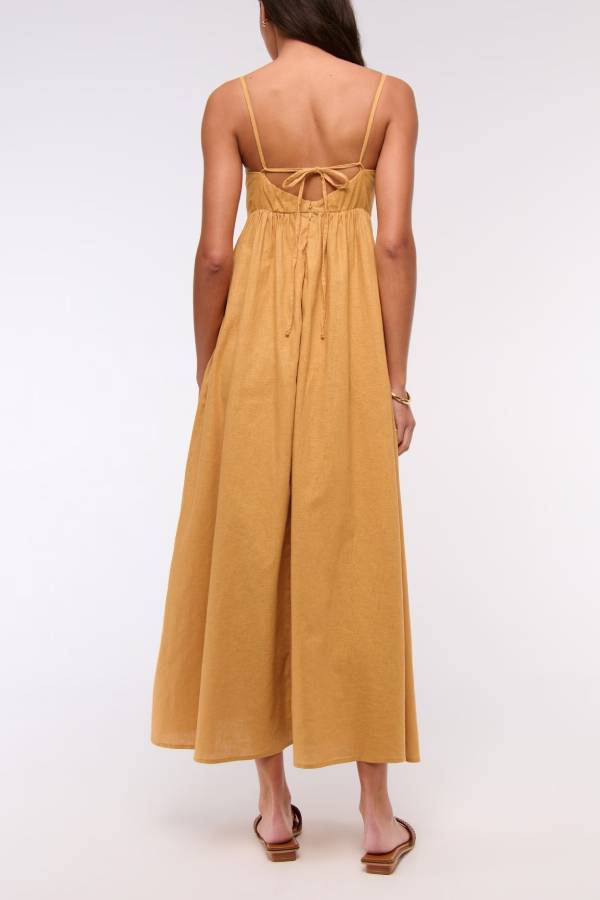Long Weekend Linen Blend Fun Beaded Shoulder Straps Pocketed Babydoll Maxi Dress