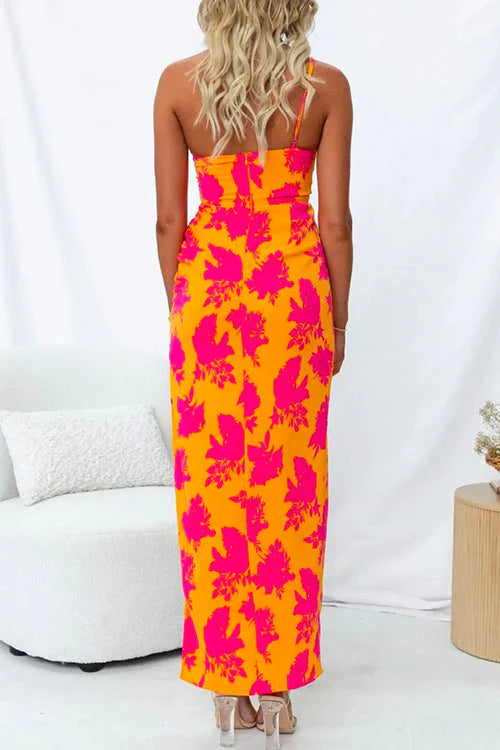 Robe longue imprimée à bretelles asymétriques et fente latérale 