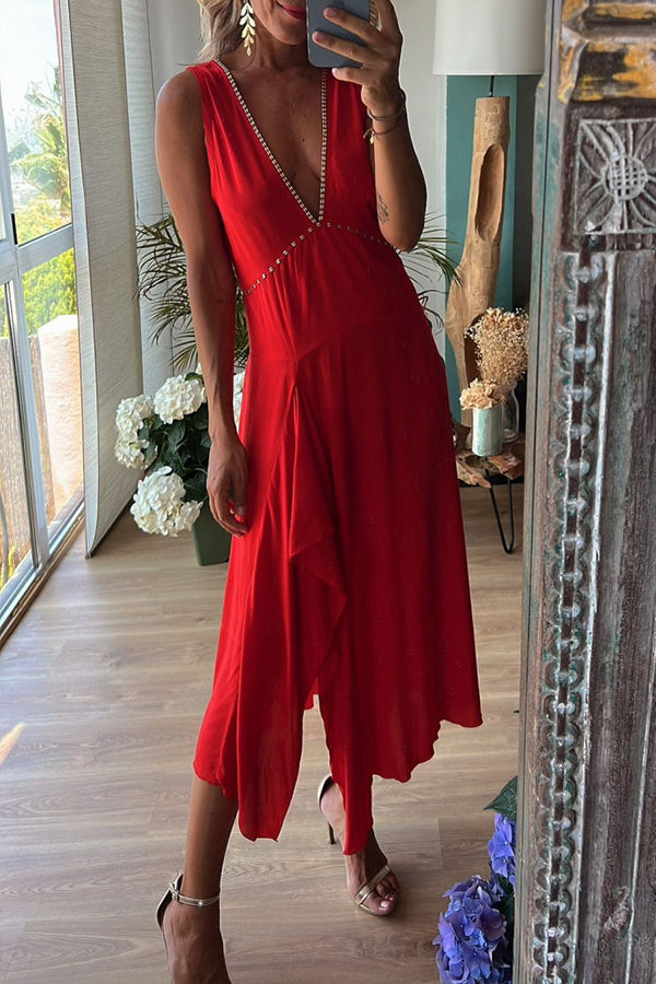 Gabin Red Sleeveless Deep V Sexy Midi Dress