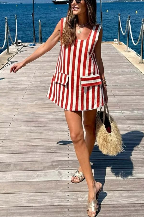Sunny Views Thick Striped Print Wide Strap Flap A-line Mini Dress