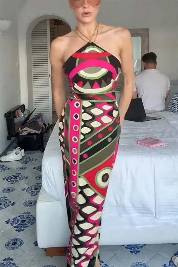 Jiya Unique Print Chain Detail Halter Backless Maxi Dress