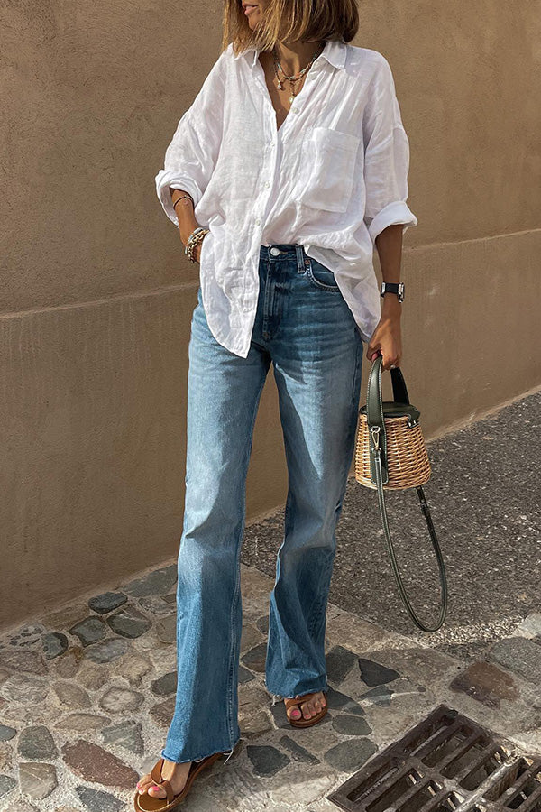 2023 new Linen blend lapel all-match blouse