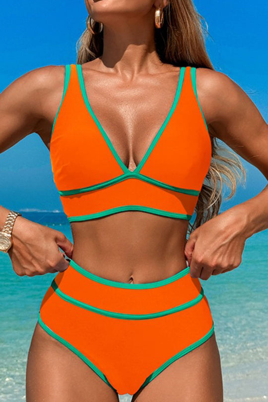 V-neck color-stitched two-piece swimsuit