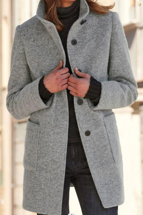 Veste en laine à col montant et boutons de couleur unie rétro 