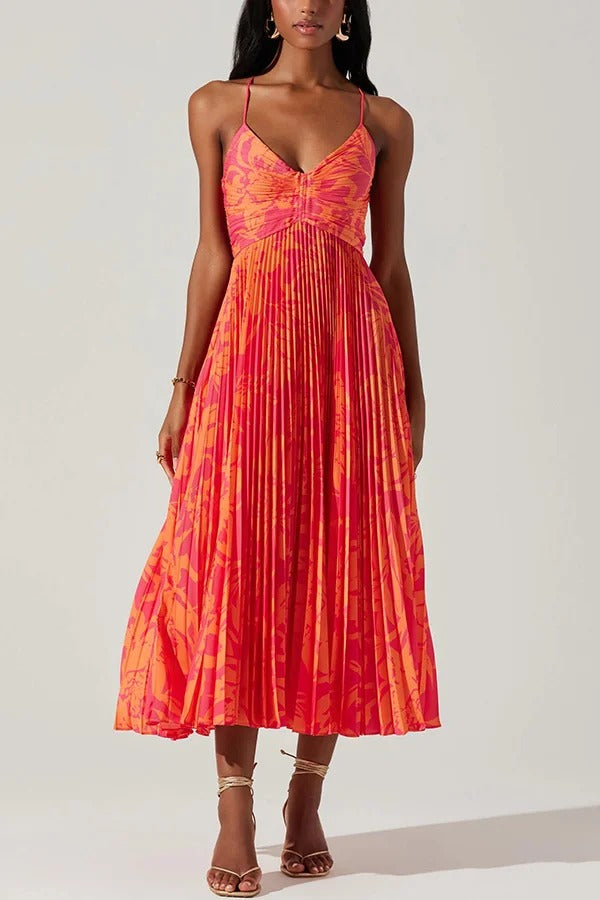 Robe mi-longue plissée à imprimé floral et à nouer dans le dos pour la saison des fêtes de mariage