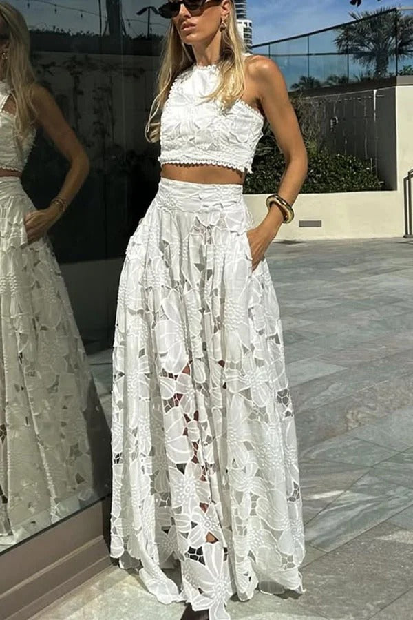 Next Trip Floral Embroidery Crochet Lace Crop Tank Top