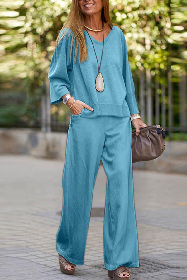 2023 new v-neck long-sleeved shirt spring and autumn casual solid color pants wide-leg suit