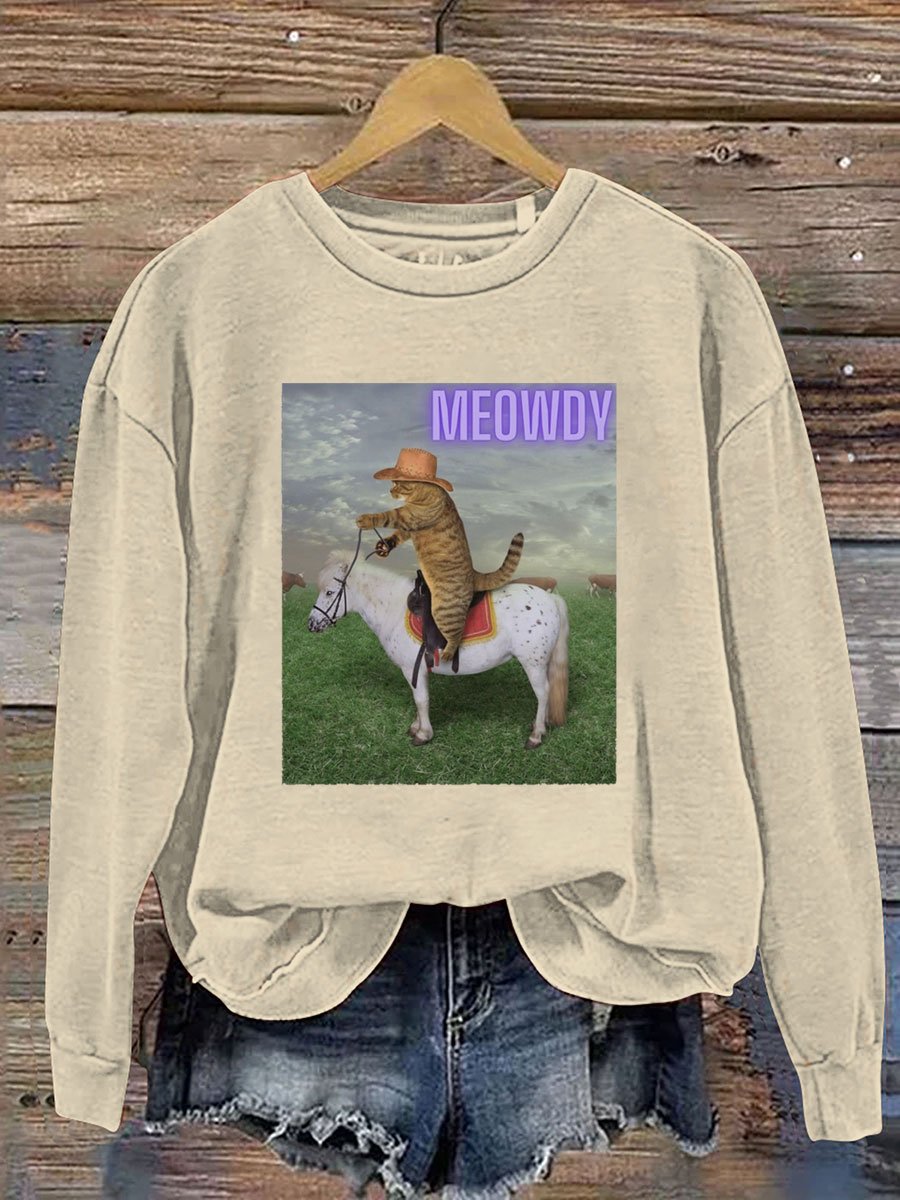 Cowboy Cat Print Casual Sweatshirt