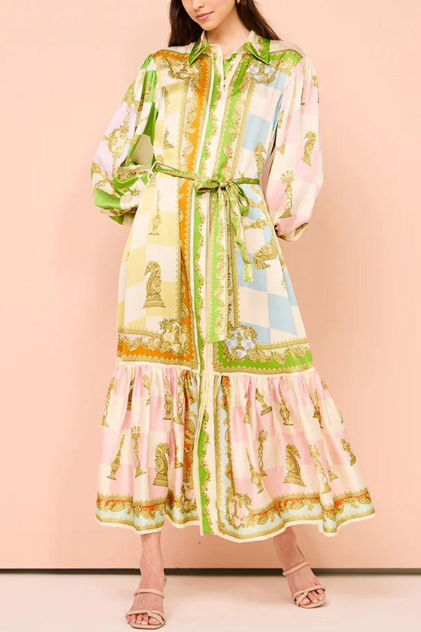 Robe longue en satin Garden Party à imprimé unique, manches ballon, ceinture et chemise