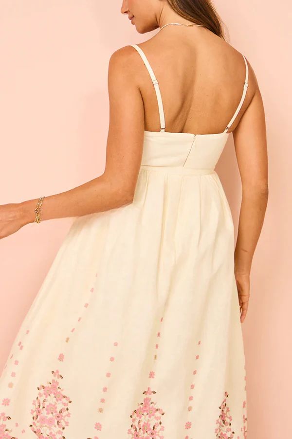 Robe longue ample à bretelles et poches, imprimé unique en mélange de lin et de fleurs paradisiaques