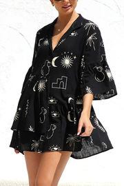 Flare Sleeves Button Down Graffiti Print Ruffle Shirt Dress