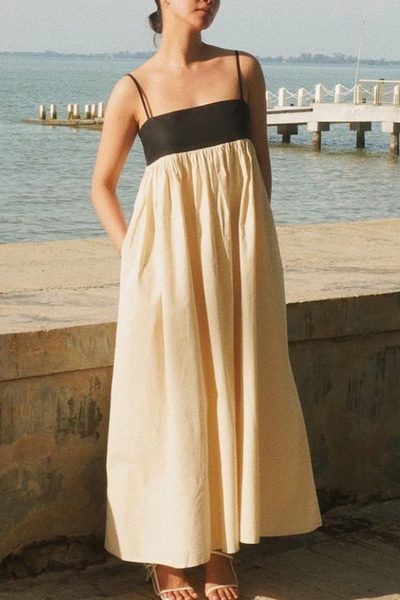 Linen Blend Sexy Sling Backless Contrast Maxi Dress