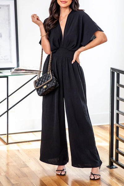 Black Deep V Neck High Waist Wide Leg Jumpsuit