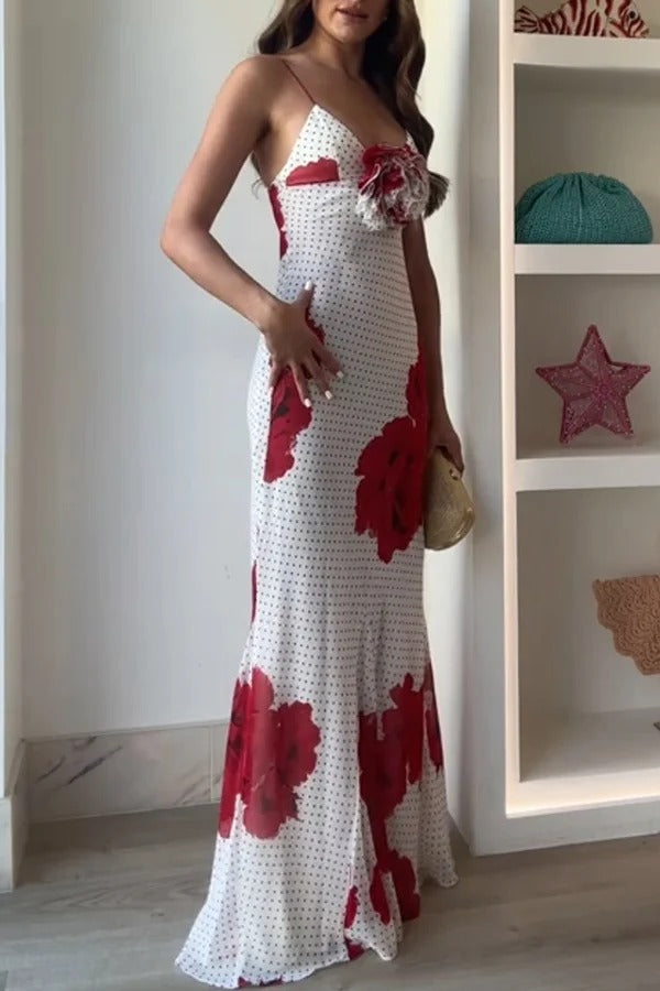 Vanna Poka Dot Floral Print 3D Flower Detail Slip Maxi Dress