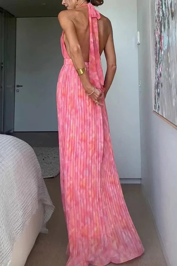 Robe longue plissée à imprimé unique et sexy, col licou, pour les vacances