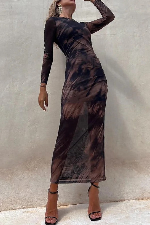 Charm Lady Mesh-Overlay Tie-Dye-Print Langärmliges, gerüschtes Stretch-Midikleid 
