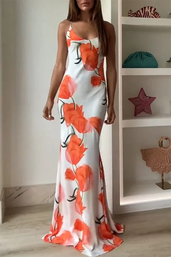 Charmante robe longue évasée à imprimé tulipes, dos nu, bretelles croisées et foulard