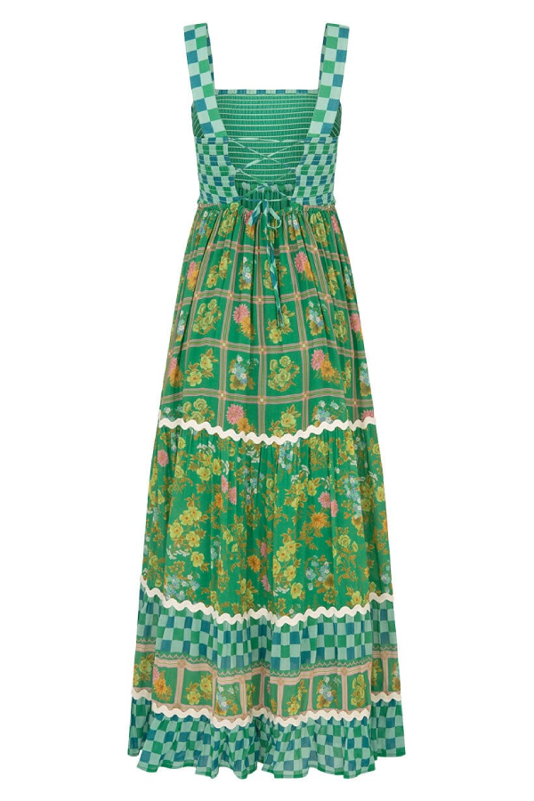 Robe longue à imprimé unique, buste froncé, dos lacé
