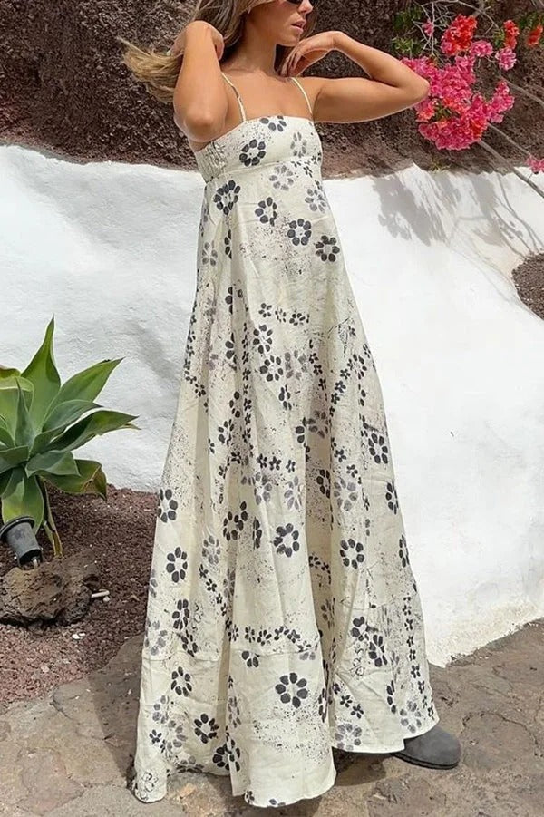 Robe longue dos nu à bretelles et imprimé floral en mélange de lin