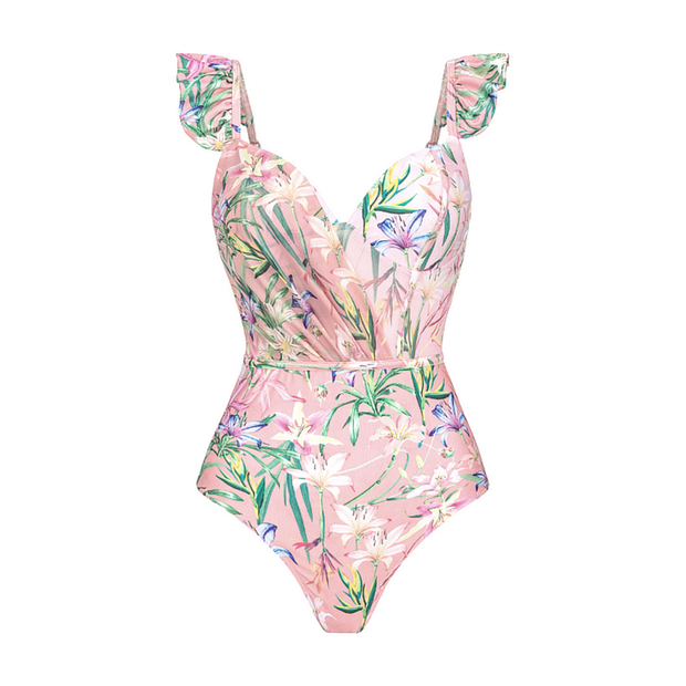 Vioye Floral Print One Piece Swimsuit and Mesh Splicing Sarong