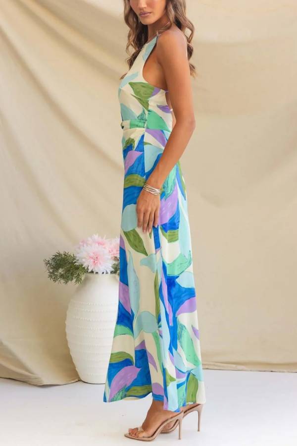 Botanical Print Sexy Sleeveless Open Back Maxi Dress