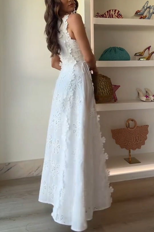 Mairi Embroidery Hollow Fabric Delicate Flower Trim Side Lace-up Maxi Dress