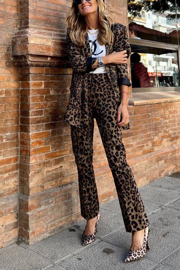 Wild Personality Leopard Pocket Relaxed Lapel Blazer and Elastic Waist Pants Set