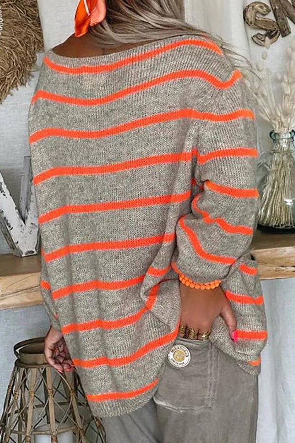 Solid Color Contrast Stripe Pullover Round Neck Loose Sweater