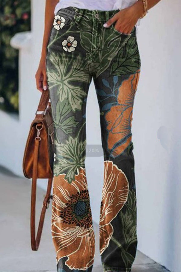 On A Drive Printed Faux Denim High Rise Flare Pants