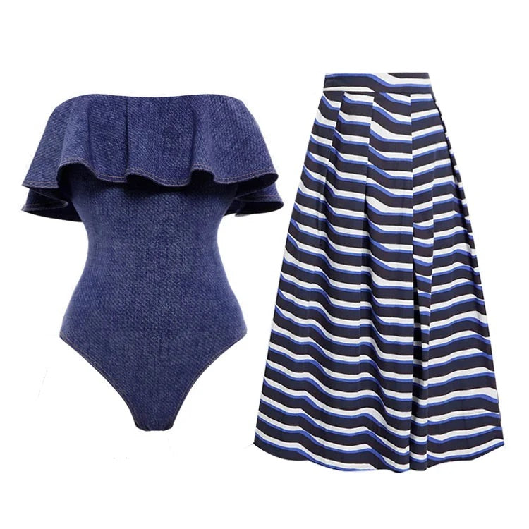 Maillot de bain une pièce bandeau à volants et jupe 