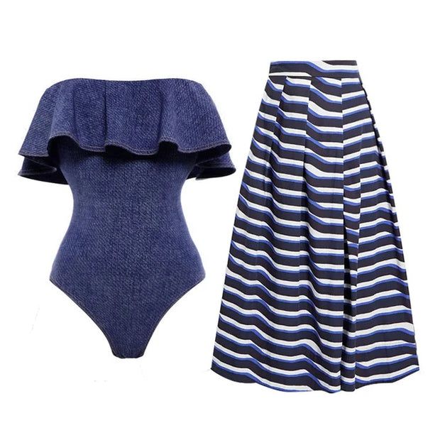 Ruffle Bandeau One Piece Swimsuit and Skirt