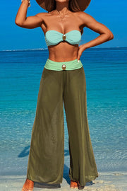 Three-piece swimsuit with button-like decorations on the chest