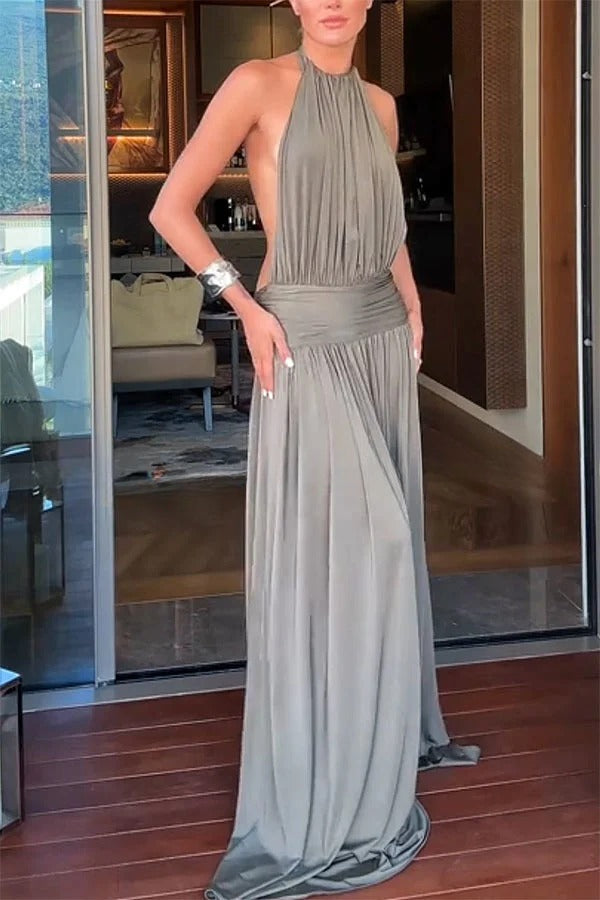 Confident Moments Halter Neck Ruched Waist Backless Maxi Dress