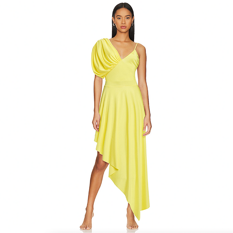 Maillot de bain une pièce asymétrique à bretelles et jupe de couleur unie 