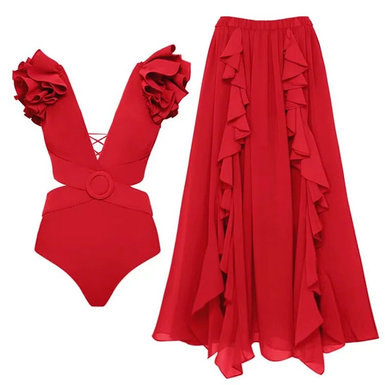 Maillot de bain une pièce rouge à découpes et jupe en V profond swimgirls 