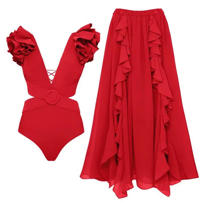 swimgirls Deep V Red Cutout One Piece Swimsuit and Skirt