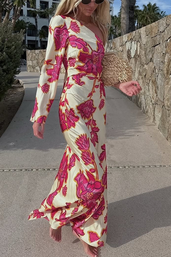 Robe longue évasée asymétrique en satin à imprimé floral Rhia