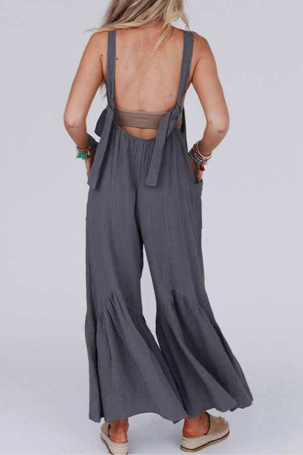 Grey Solid Color Sleeveless Flare Leg Jumpsuit with Pockets