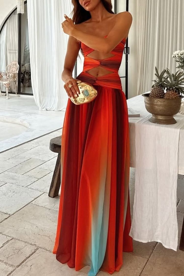 Robe longue de vacances Sardinia Sunset en maille imprimée, à découpes torsadées et épaules dénudées