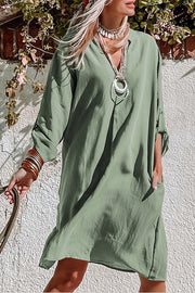 Green Roll-Tab Sleeve Notch Neck Boho Tunic Dress