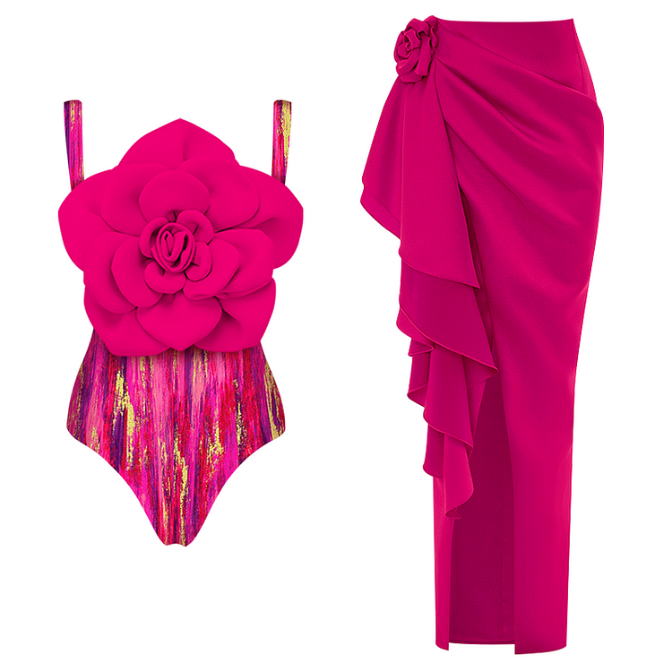 Maillot de bain une pièce et jupe à imprimé floral 3D 