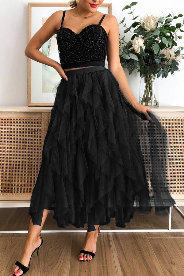 Jupe amincissante taille haute en maille bouffante de couleur unie à la mode