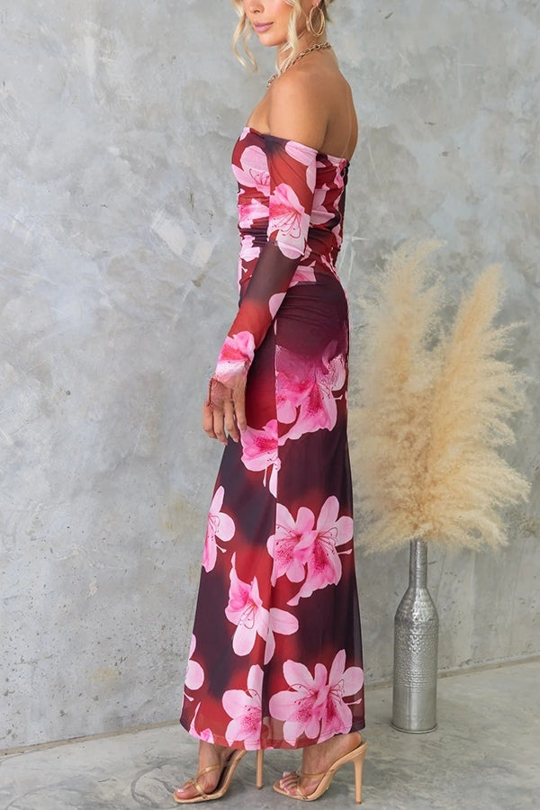 Robe longue extensible à manches longues et épaules dénudées en maille fantaisie florale