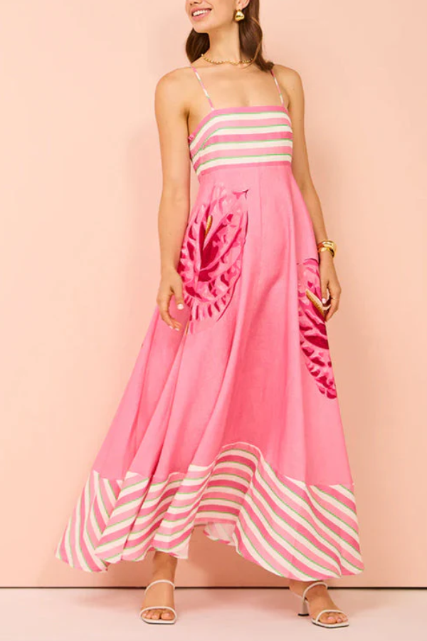 Robe longue trapèze à rayures et imprimé floral dos nu